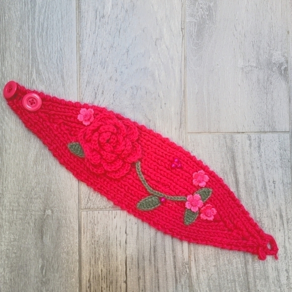 Crocheted Headband Pink Rose - Picture 2 of 8